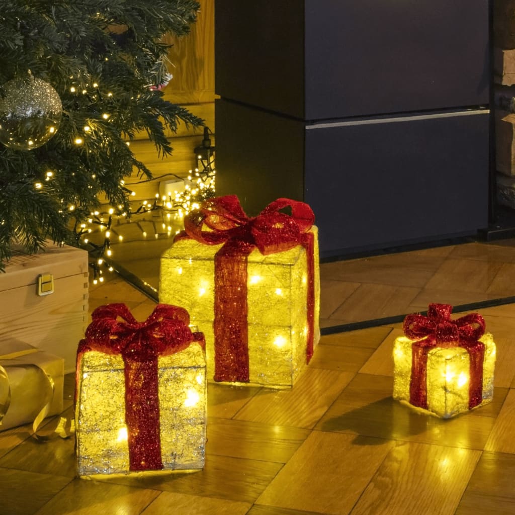 HI Kerstverlichting geschenkdoos met rode linten 3 st LED