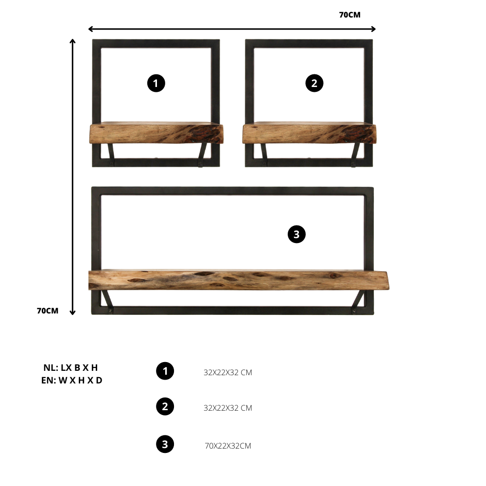 Set Wandplanken 70x22x70  Naturel/Zwart Acacia/Ijzer