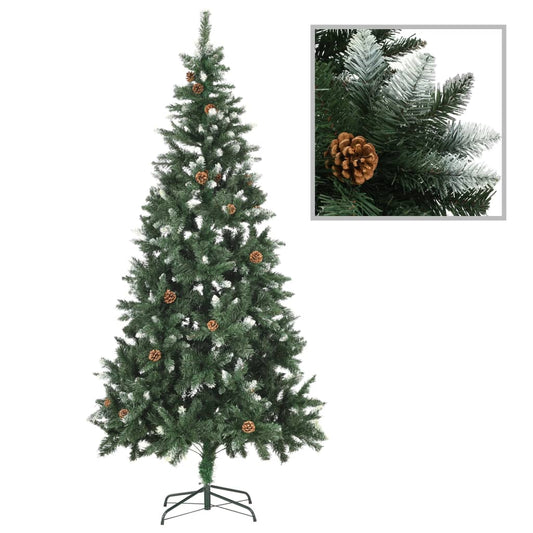 Kunstkerstboom met dennenappels en wit glitter 210 cm