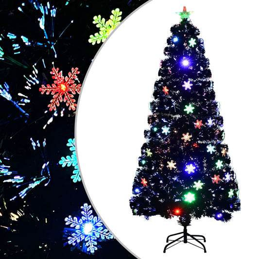 Kerstboom met LED-sneeuwvlokken 150 cm glasvezel zwart