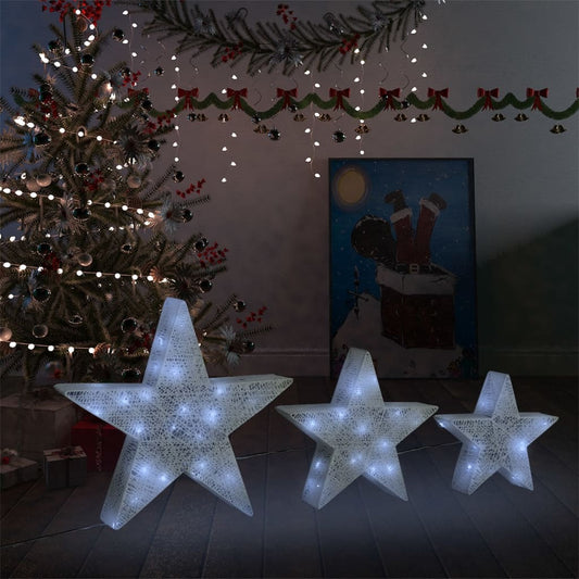 Kerstdecoratiesterren 3 st LED buiten binnen mesh wit