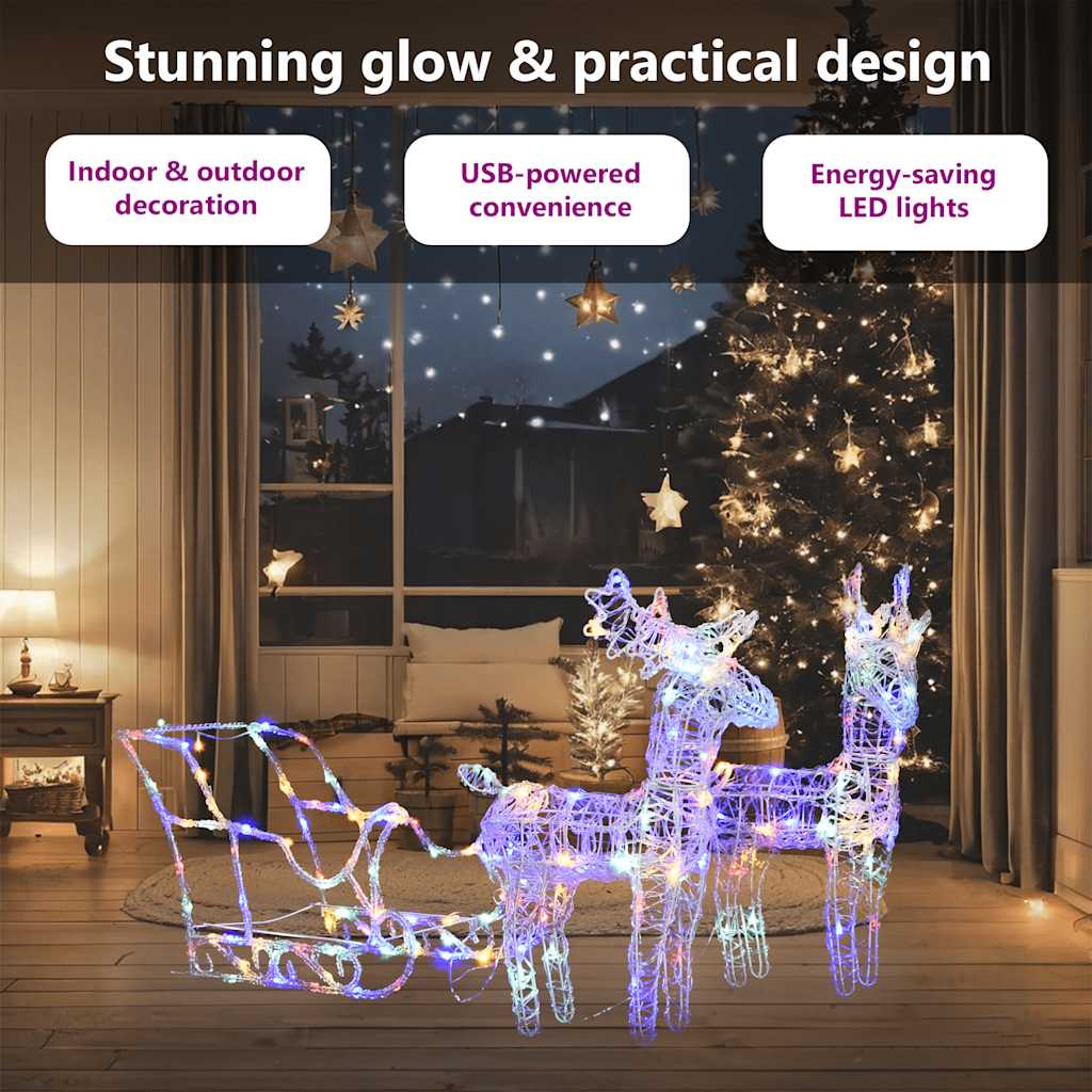 Kerstversiering rendieren en slee 160 LED's 130 cm acryl