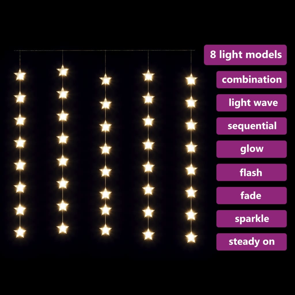 Lichtsnoergordijn sterren met 200 LED's en 8 functies warmwit