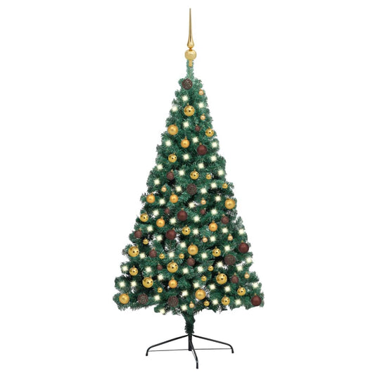 Kunstkerstboom met verlichting en kerstballen half 210 cm groen