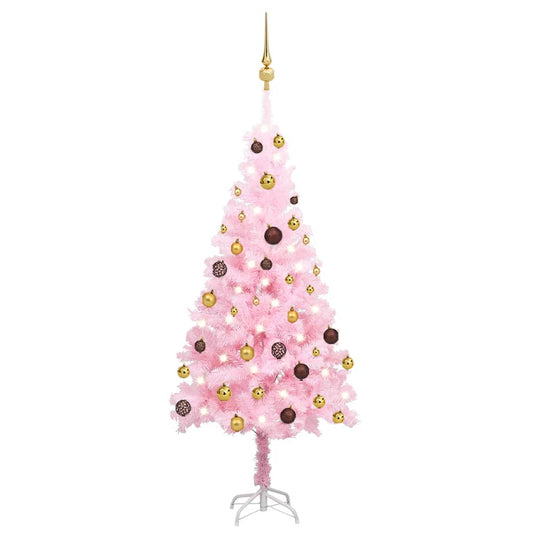 Kunstkerstboom met verlichting en kerstballen 120 cm PVC roze