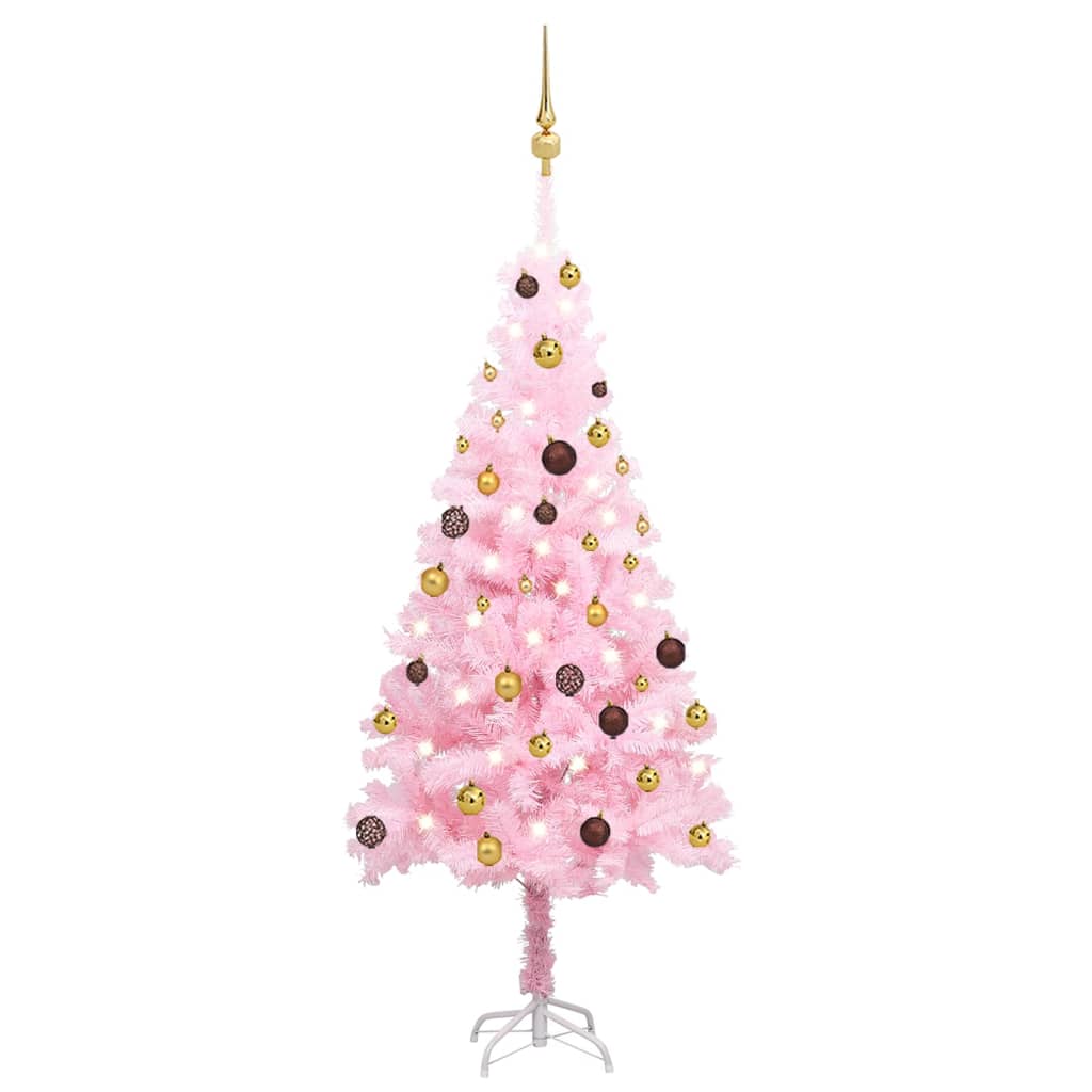 Kunstkerstboom met verlichting en kerstballen 150 cm PVC roze