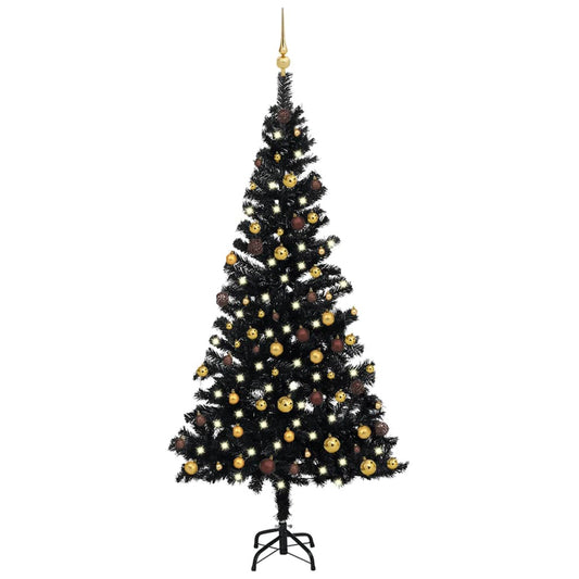 Kunstkerstboom met verlichting en kerstballen 150 cm PVC zwart