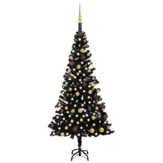 Kunstkerstboom met verlichting en kerstballen 180 cm PVC zwart