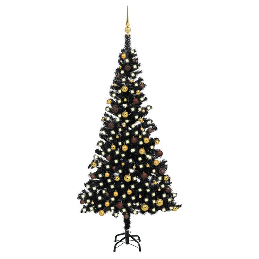 Kunstkerstboom met verlichting en kerstballen 210 cm PVC zwart