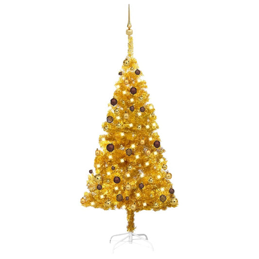 Kunstkerstboom met verlichting en kerstballen 150 cm PET goud