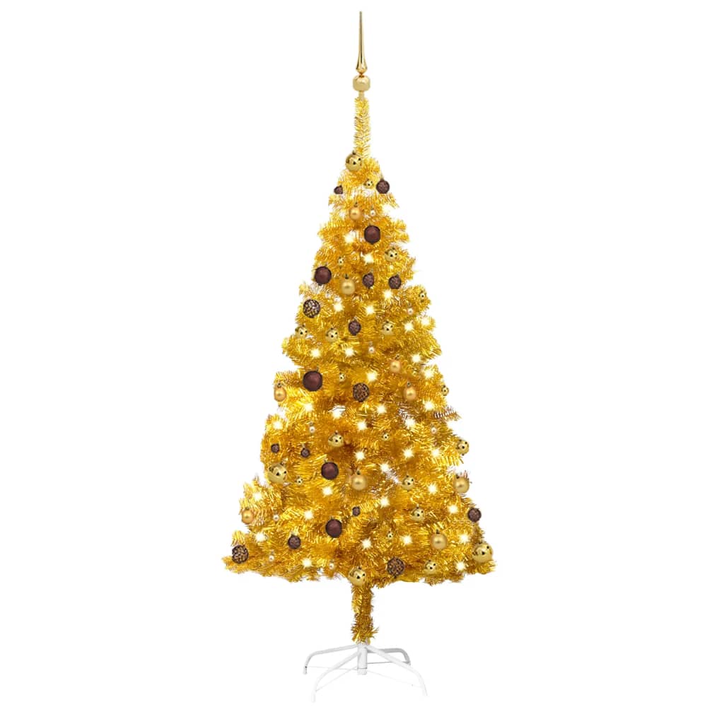 Kunstkerstboom met verlichting en kerstballen 180 cm PET goud