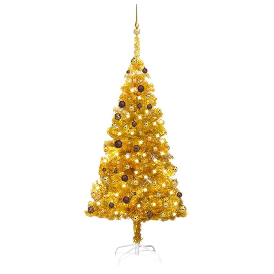 Kunstkerstboom met verlichting en kerstballen 180 cm PET goud