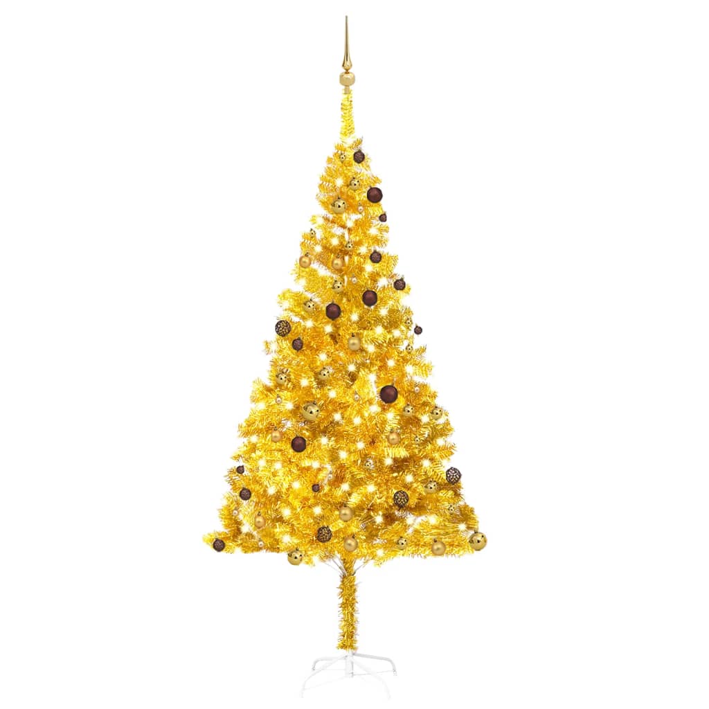 Kunstkerstboom met verlichting en kerstballen 240 cm PET goud