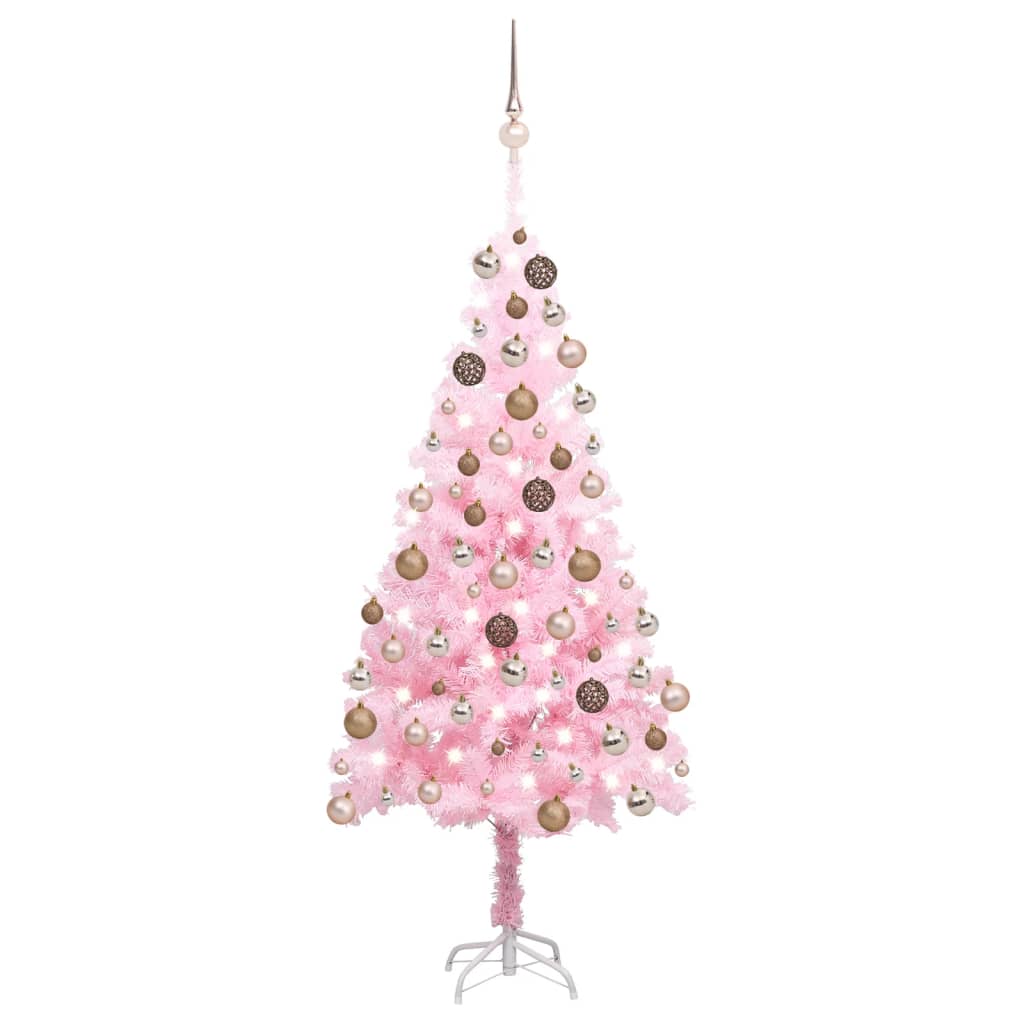 Kunstkerstboom met verlichting en kerstballen 150 cm PVC roze