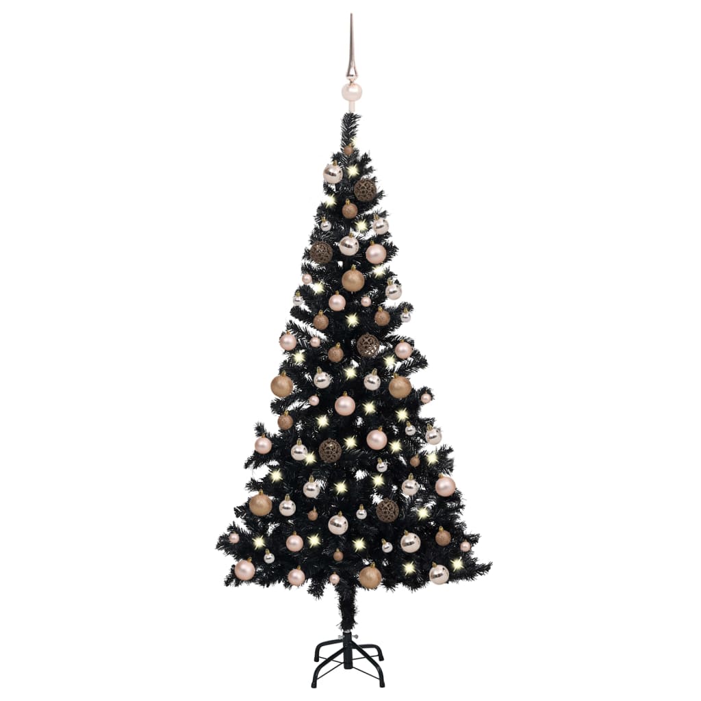 Kunstkerstboom met verlichting en kerstballen 120 cm PVC zwart