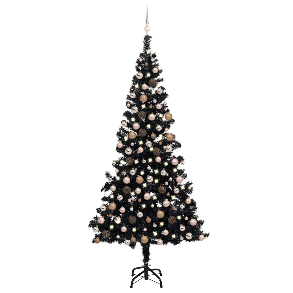 Kunstkerstboom met verlichting en kerstballen 210 cm PVC zwart