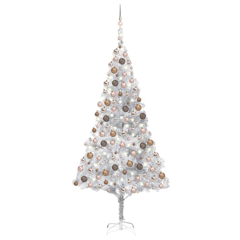 Kunstkerstboom met verlichting en kerstballen 240 cm PET zilver