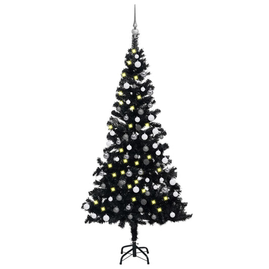 Kunstkerstboom met verlichting en kerstballen 150 cm PVC zwart