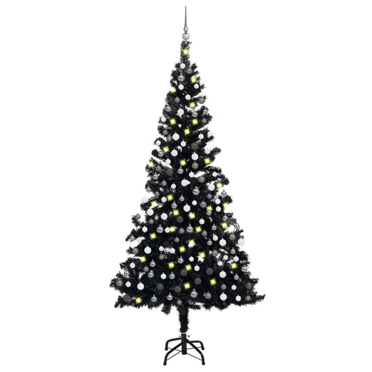 Kunstkerstboom met verlichting en kerstballen 210 cm PVC zwart