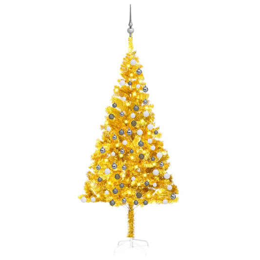 Kunstkerstboom met verlichting en kerstballen 180 cm PET goud