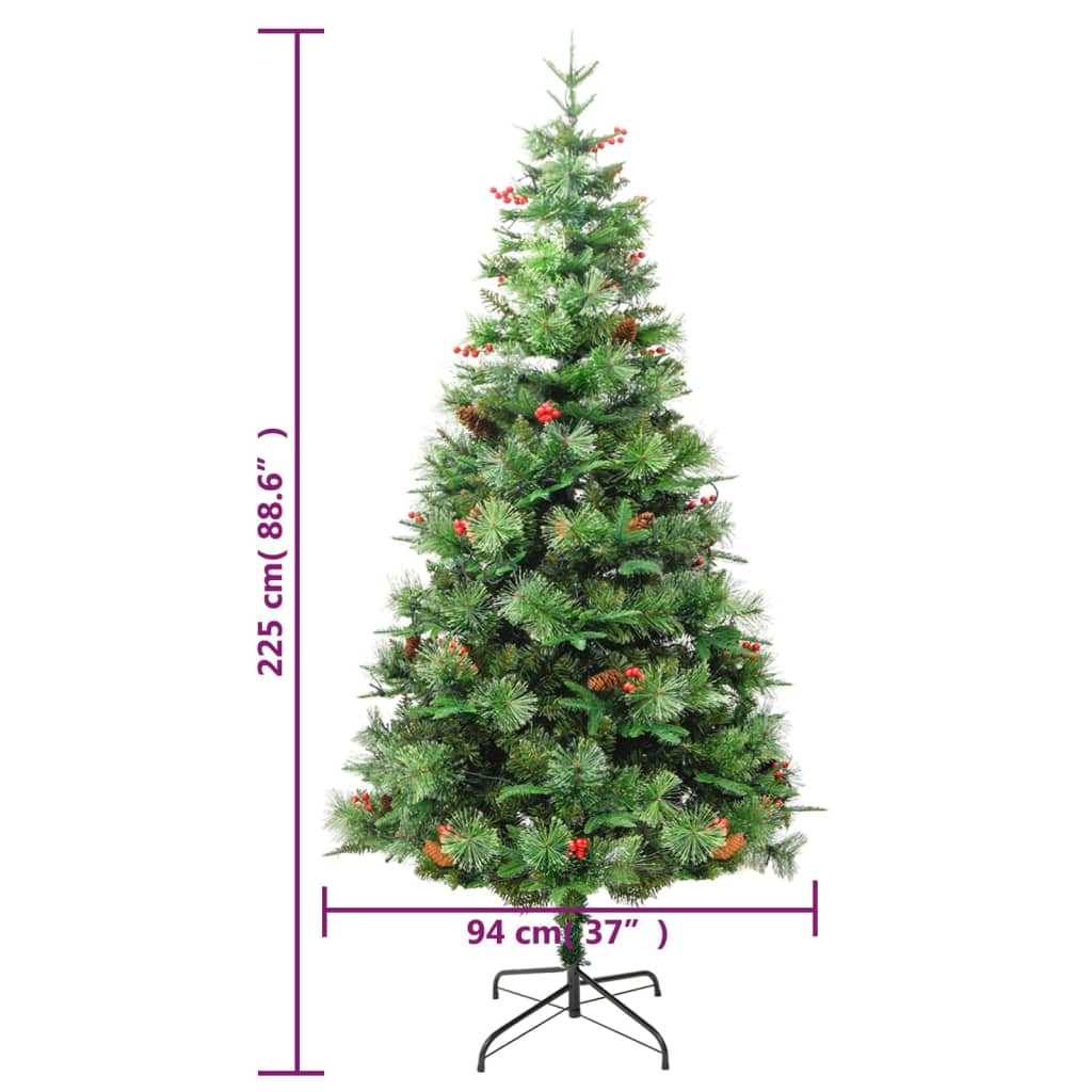 Kerstboom met LED en dennenappels 225 cm PVC en PE groen