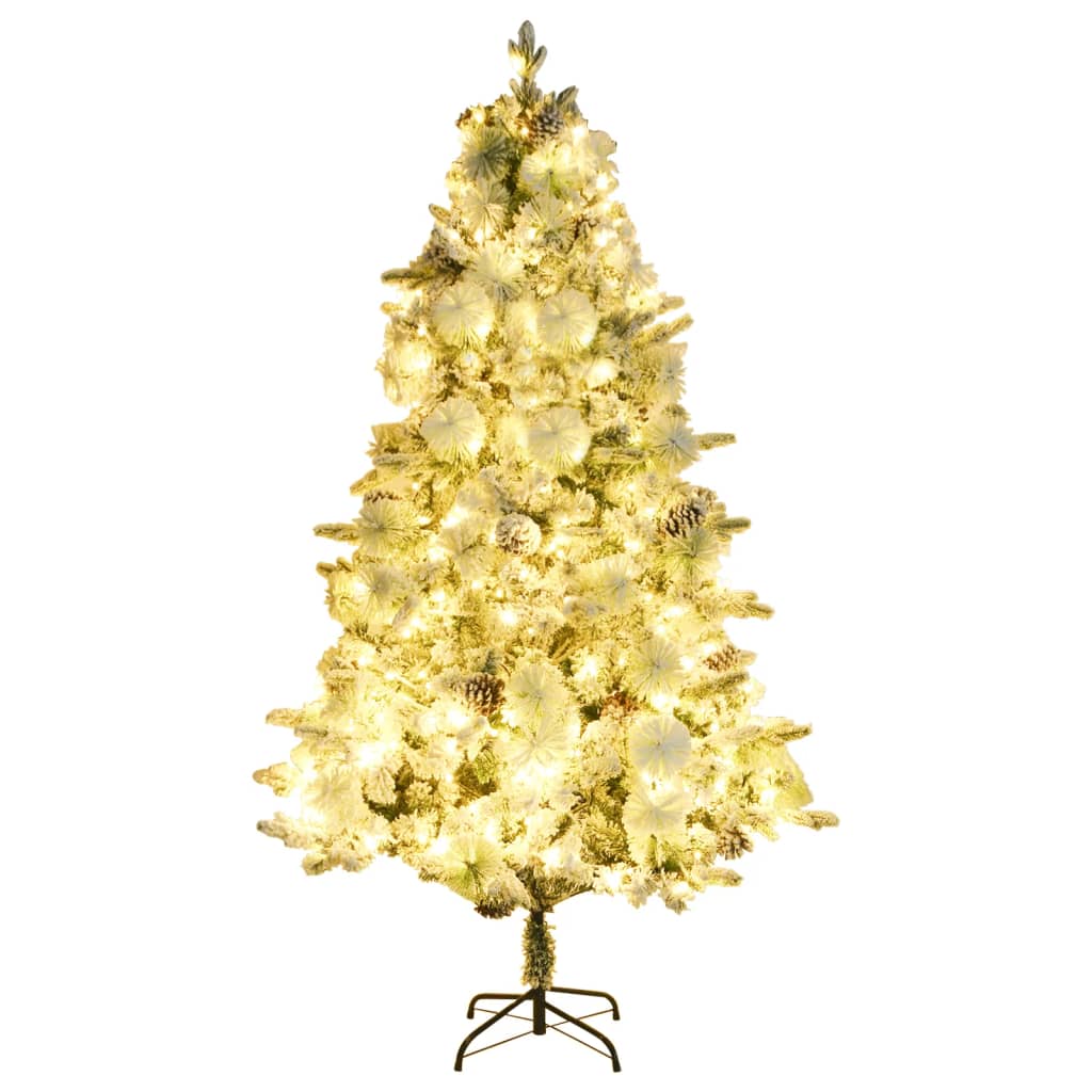 Kerstboom met LED en dennenappels en sneeuw 195 cm PVC en PE