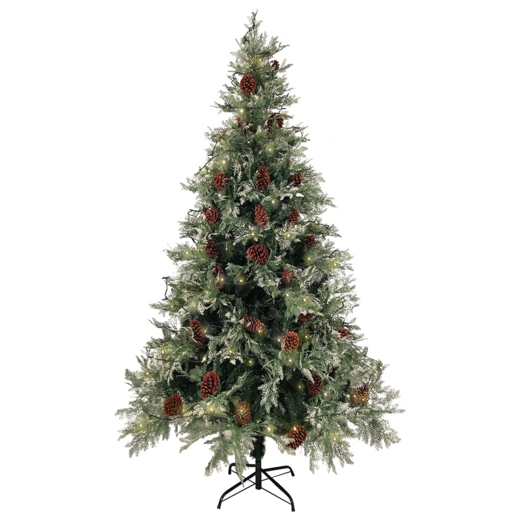 Kerstboom met LED en dennenappels 195 cm PVC en PE groen en wit