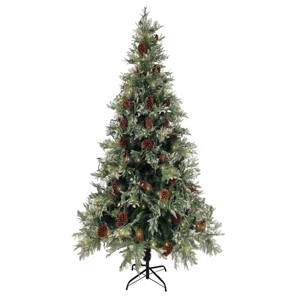 Kerstboom met LED en dennenappels 225 cm PVC en PE groen en wit