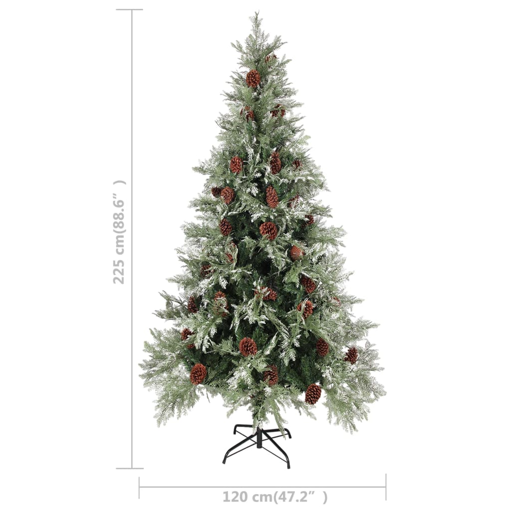 Kerstboom met LED en dennenappels 225 cm PVC en PE groen en wit