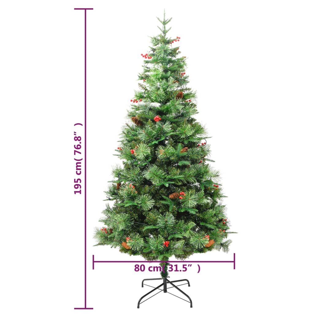 Kerstboom met LED en dennenappels 195 cm PVC en PE groen