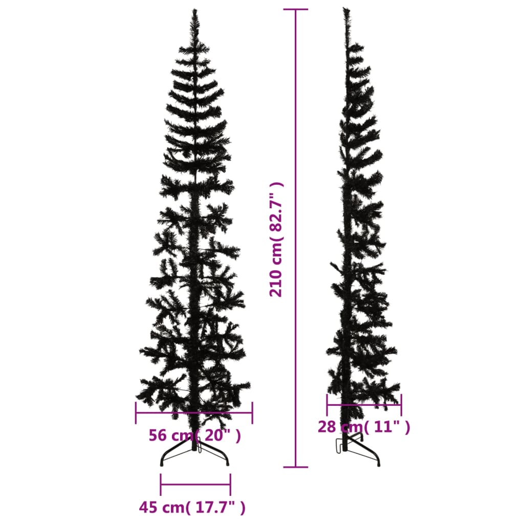 Kunstkerstboom half met standaard smal 210 cm zwart