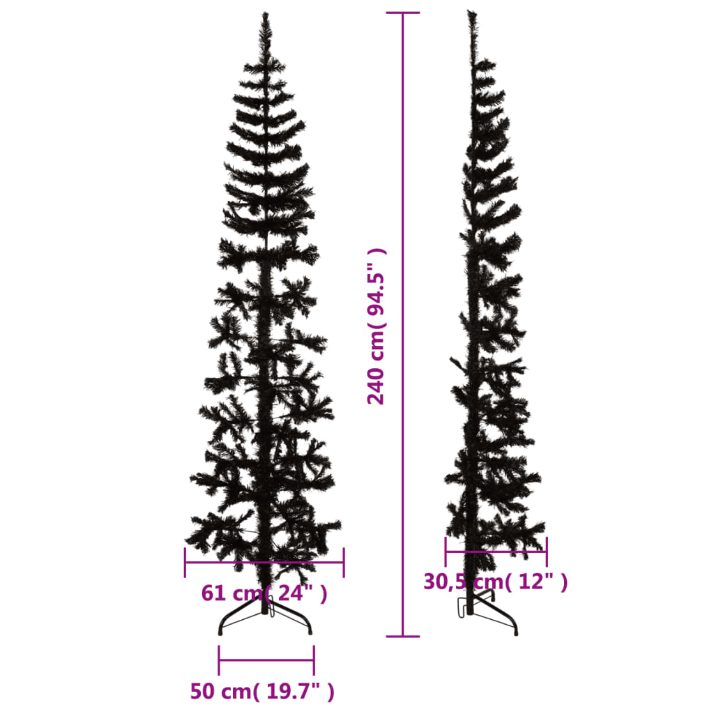 Kunstkerstboom half met standaard smal 240 cm zwart