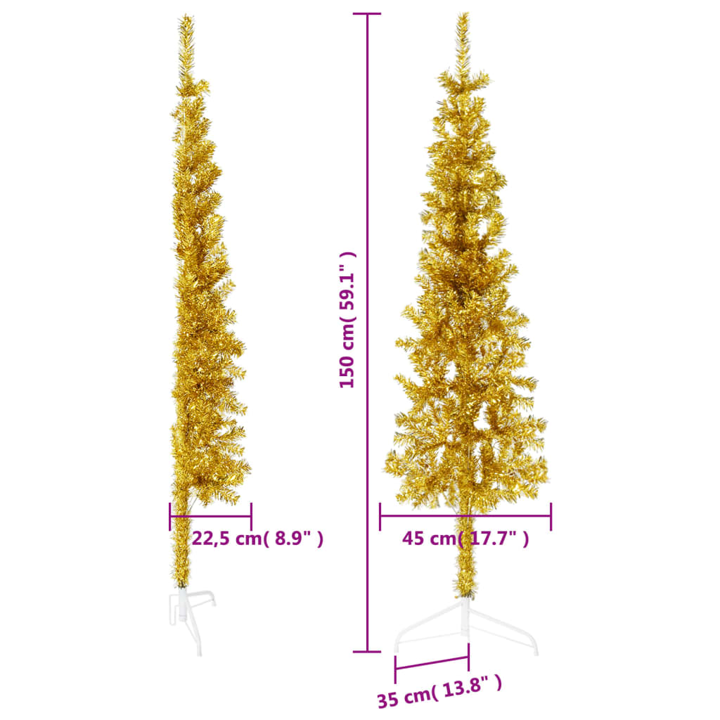 Kunstkerstboom half met standaard smal 150 cm goudkleurig