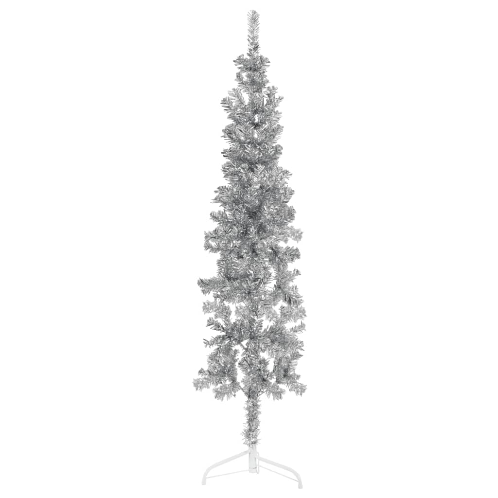 Kunstkerstboom half met standaard smal 120 cm zilverkleurig