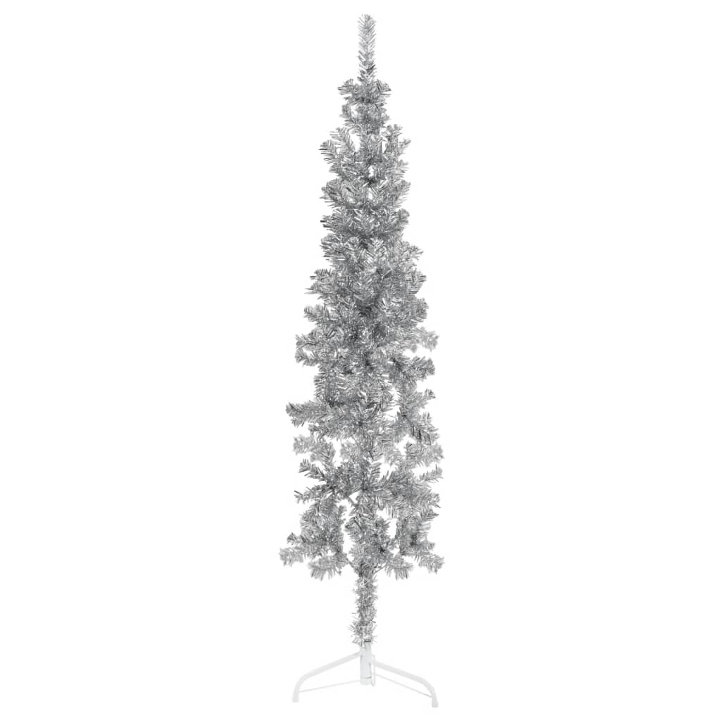 Kunstkerstboom half met standaard smal 150 cm zilverkleurig