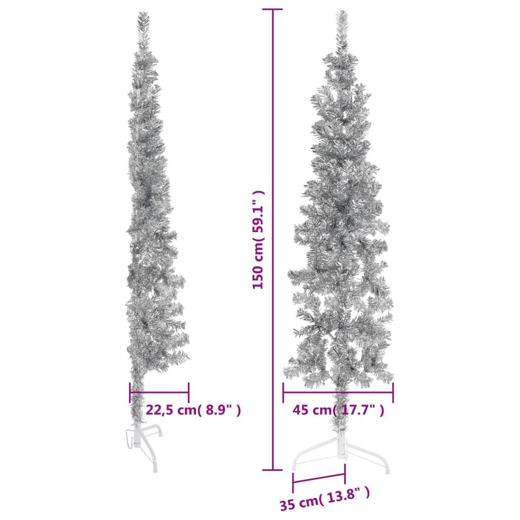 Kunstkerstboom half met standaard smal 150 cm zilverkleurig