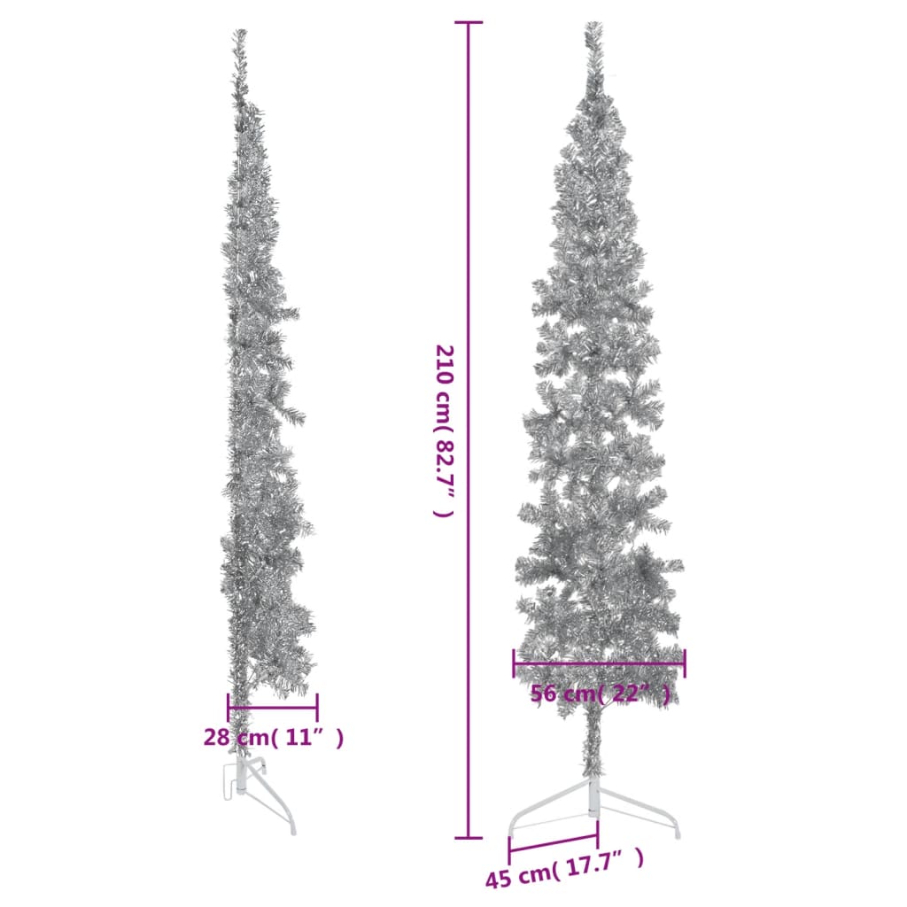 Kunstkerstboom half met standaard smal 210 cm zilverkleurig