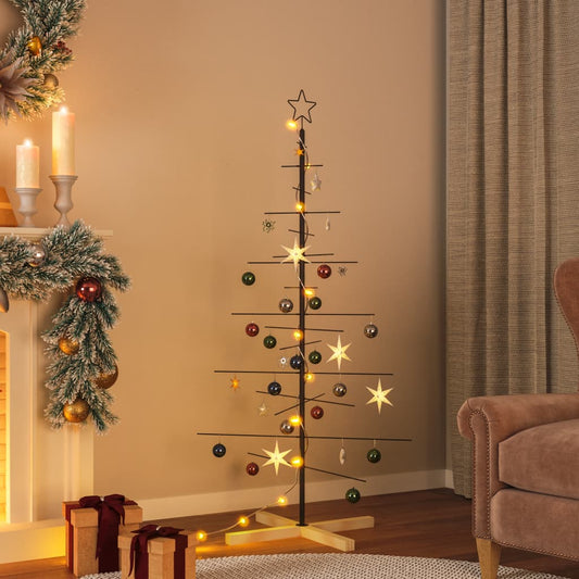 Kerstdecoratie kerstboom met houten basis 150 cm metaal zwart