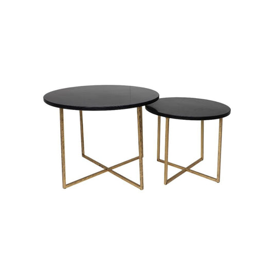 HSM Collection Ronde Bijzettafel S/2 ø61x45/ø46x39 Zwart/Goud Marmer/Metaal